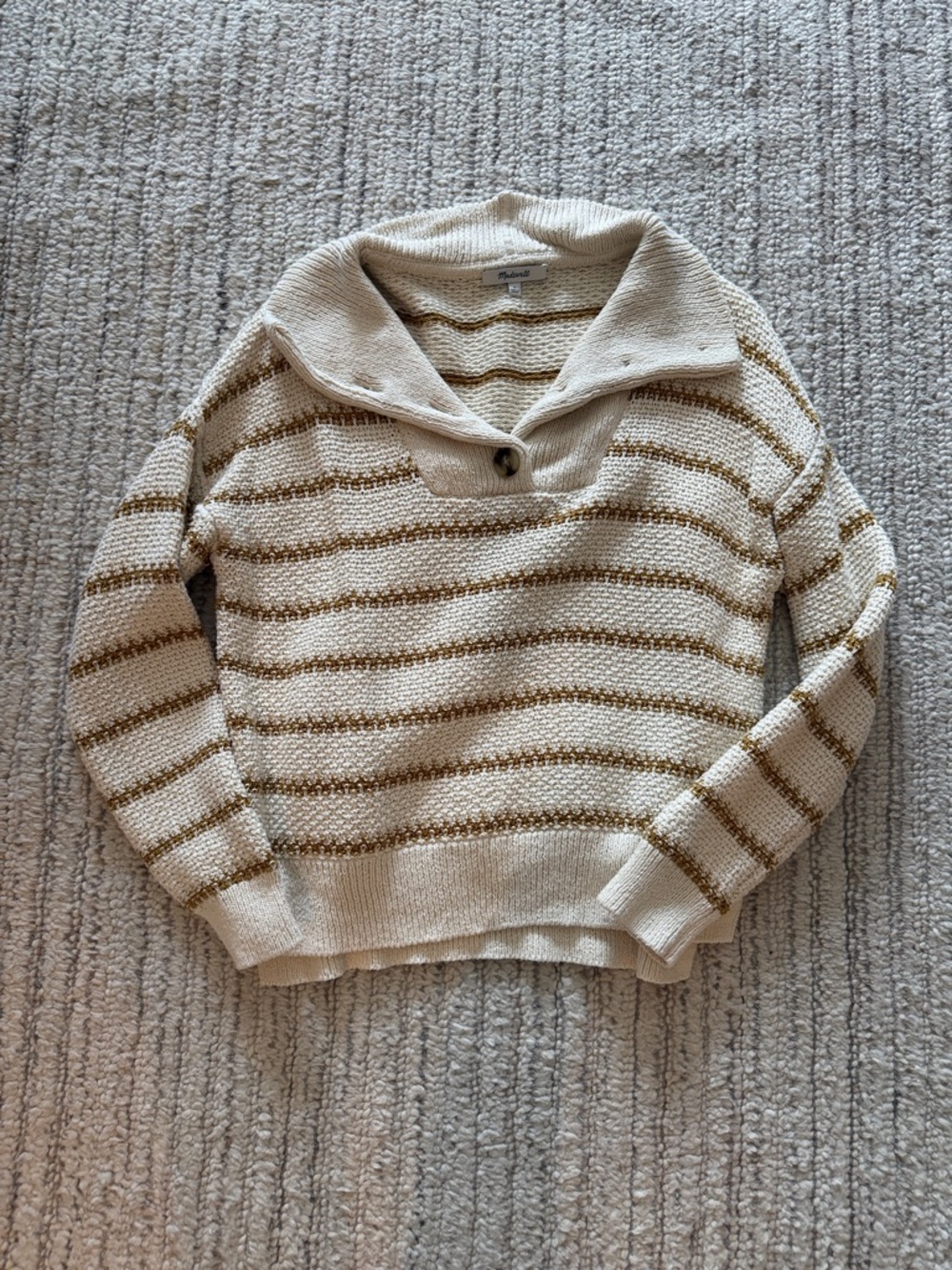 Madewell Cream & Tan Striped Shawl-Collar V-Neck Sweater